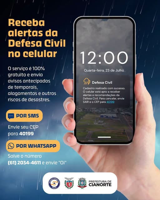 Defesa Civil envia alertas de tempestades e riscos diretamente no celular